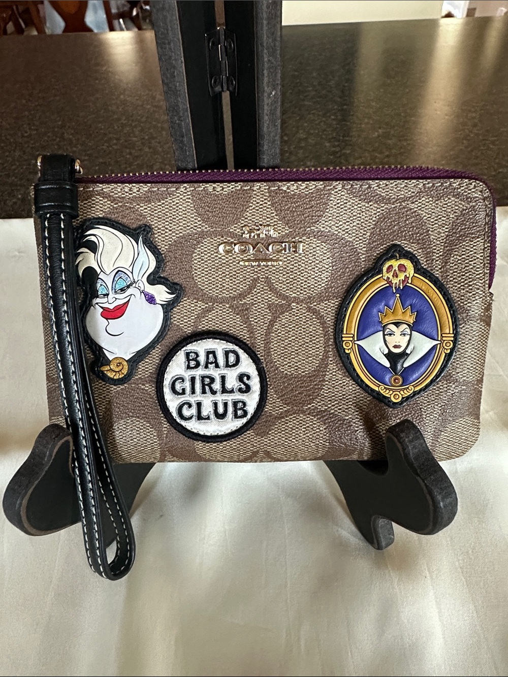 Coach Canvas “Bad Girls Club”Wristlet in Brown with Purple Trim